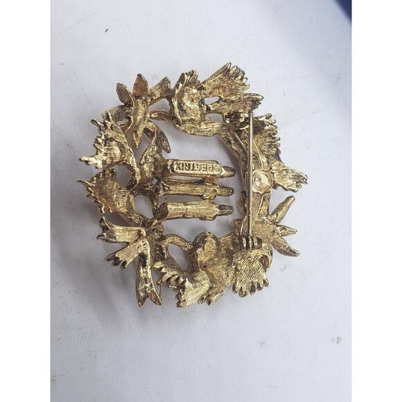 Vintage Brooch Christmas Wreath Candles Ornaments Gold Tone Rhinestones Beatrix - Picture 3 of 7